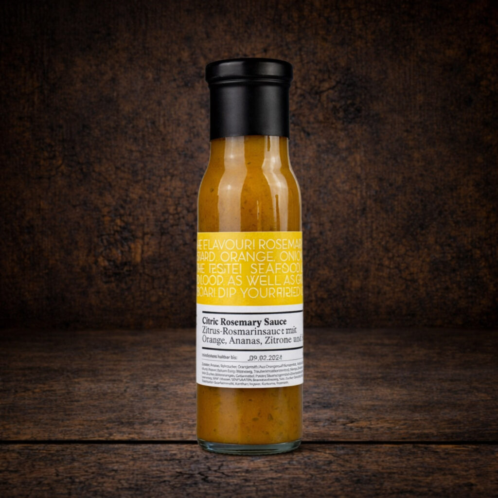 Eine schlanke Glasflasche mit schwarzem Schraubverschluss, gefüllt mit einer orange-gelben Sauce. Auf dem Etikett steht „Citric Rosemary Sauce“ sowie „Zitrus-Rosmarinsauce mit Orange, Ananas, Zitrone“. Die Flasche steht mittig vor einer dunklen, rustikalen Holzoberfläche.