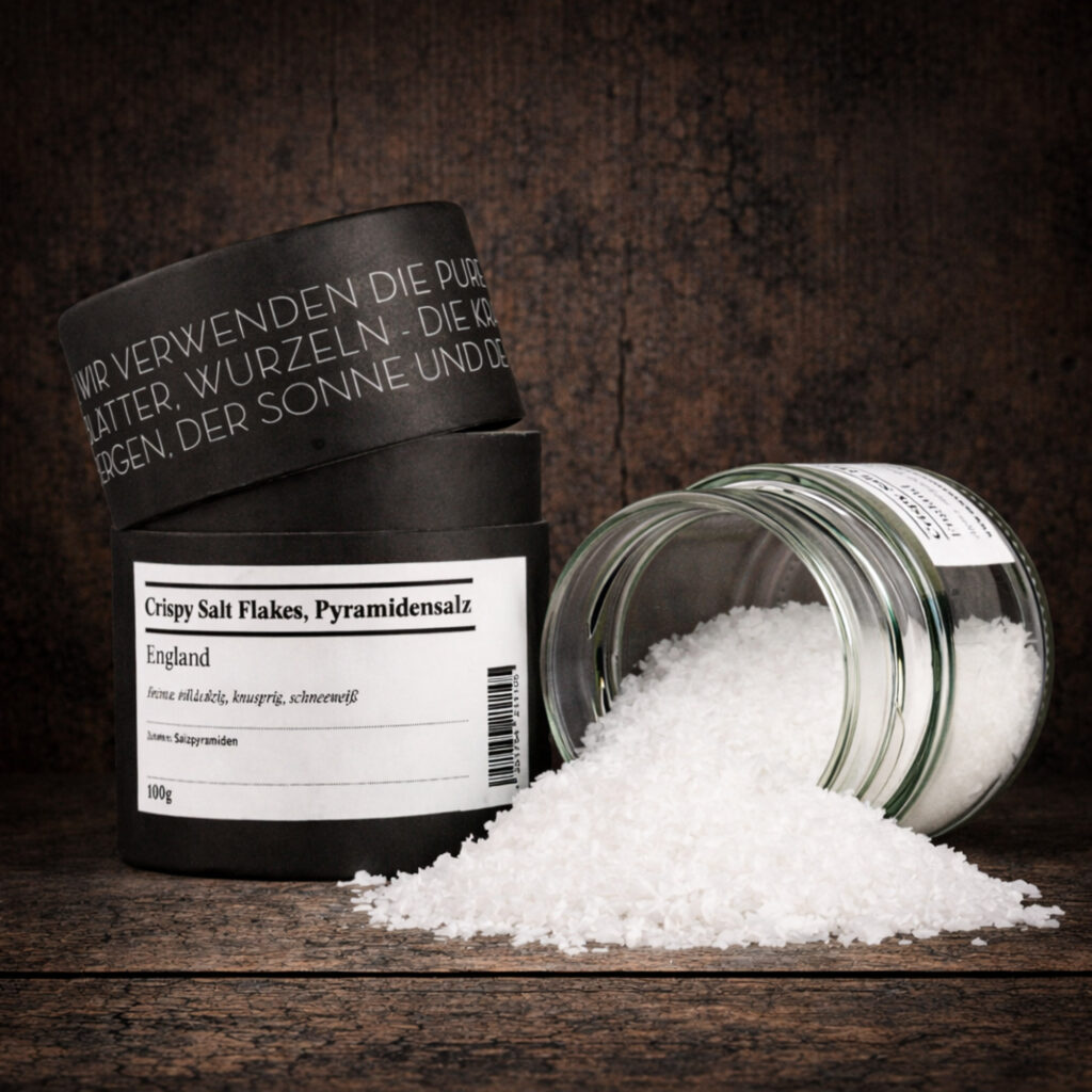 Ein schwarzer Gewürzbehälter mit leicht geöffnetem Deckel steht links im Bild. Auf dem Etikett ist „Crispy Salt Flakes, Pyramidensalz“ sowie „England“ zu lesen. Rechts daneben liegt ein geöffnetes Glas auf der Seite, aus dem grobe, schneeweiße Salzflocken herausgeschüttet wurden und einen kleinen Haufen im Vordergrund bilden. Die Szene ist mittig auf einer dunklen, rustikalen Holzoberfläche arrangiert.