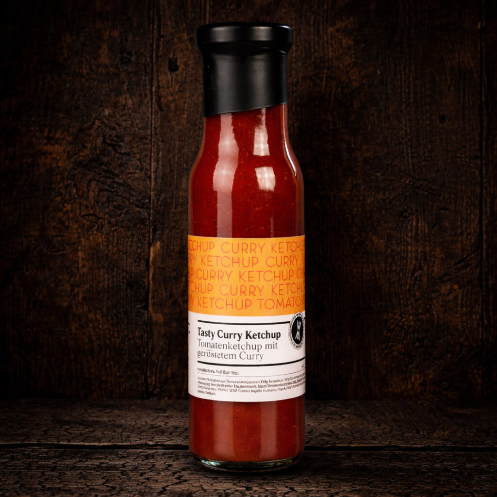 Eine schlanke Glasflasche mit schwarzem Schraubverschluss, gefüllt mit einer rötlich-orangen Sauce. Das Etikett trägt die Bezeichnung „Tasty Curry Ketchup“ sowie den Hinweis „Tomatenketchup mit geröstetem Curry“. Die Flasche steht mittig vor einer dunklen, rustikalen Holzoberfläche.