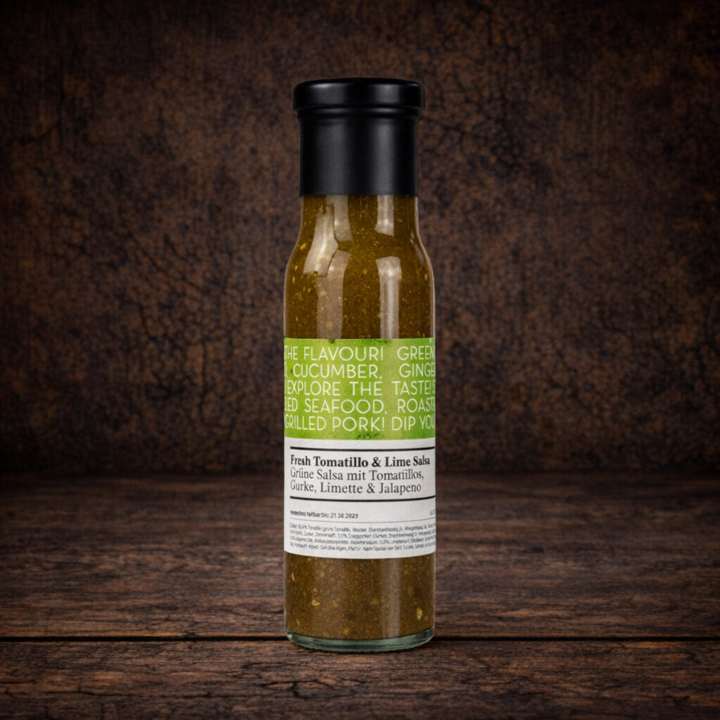 Eine schlanke Glasflasche mit schwarzem Schraubverschluss, gefüllt mit einer grünlichen, leicht körnigen Sauce. Das Etikett trägt die Bezeichnung „Fresh Tomatillo & Lime Salsa“ sowie den Hinweis „Grüne Salsa mit Tomatillos, Gurke, Limette & Jalapeño“. Die Flasche steht mittig vor einer dunklen, rustikalen Holzoberfläche.