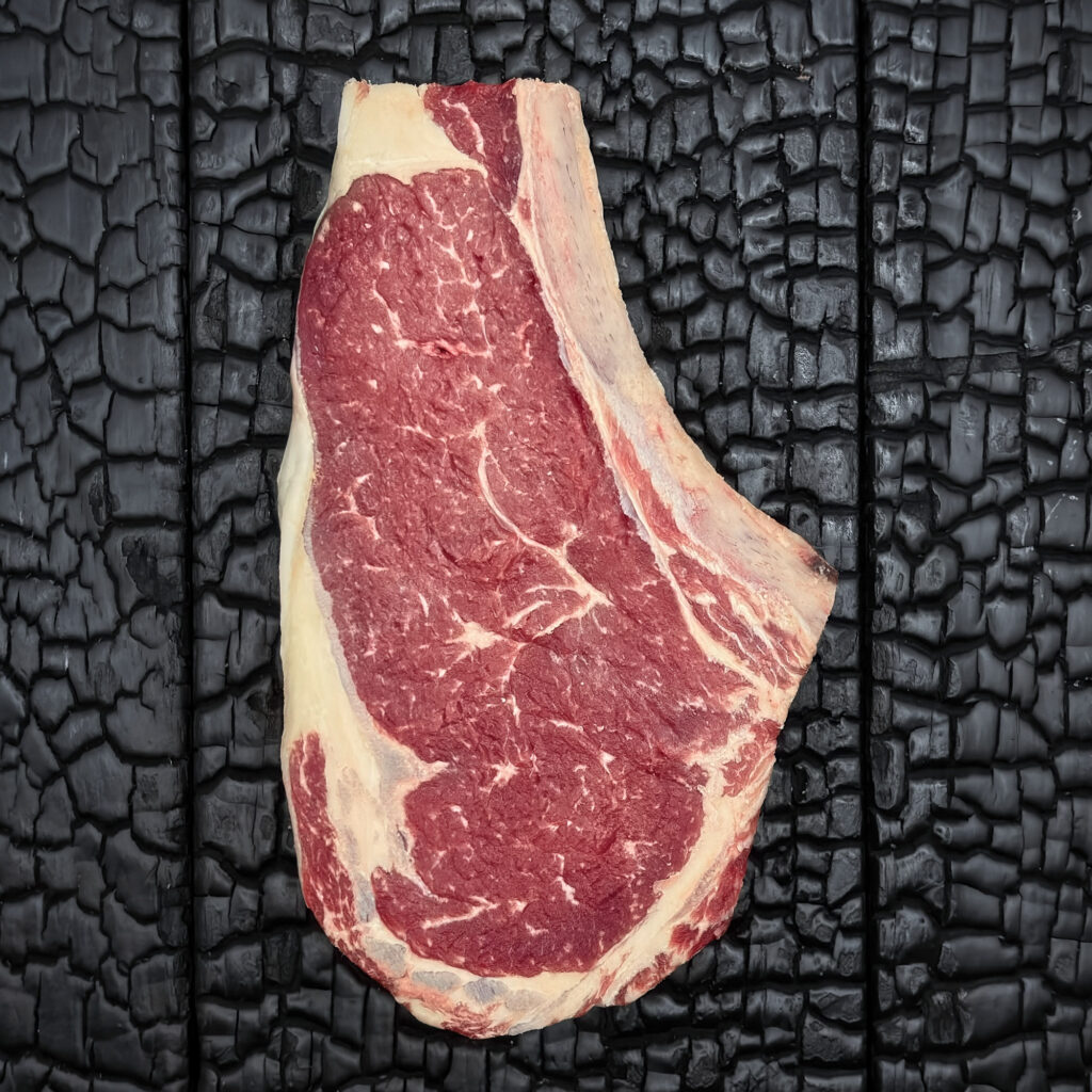 Rohes Club Steak mit Knochen vom Rind, fein marmoriert, rote Fleischfarbe mit hellem Fettrand, mittig auf dunkler, verkohlter Holzoberfläche.