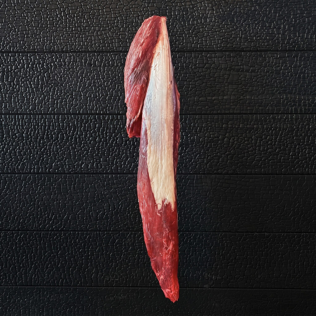 Ganzes rohes Rinderfilet vom Wagyu-Kreuzungsrind mit Filetkopf und Filetspitze, längliches Stück mit guter Marmorierung, rote Farbe, auf dunkler, verkohlter Holzoberfläche.