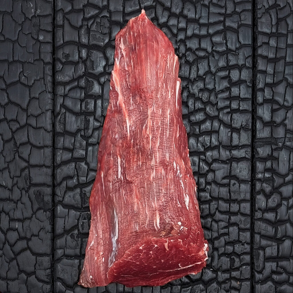 Rohes Stück Filetspitze vom Rind mit feiner Marmorierung, rote Farbe, mittig auf dunkler, verkohlter Holzoberfläche.