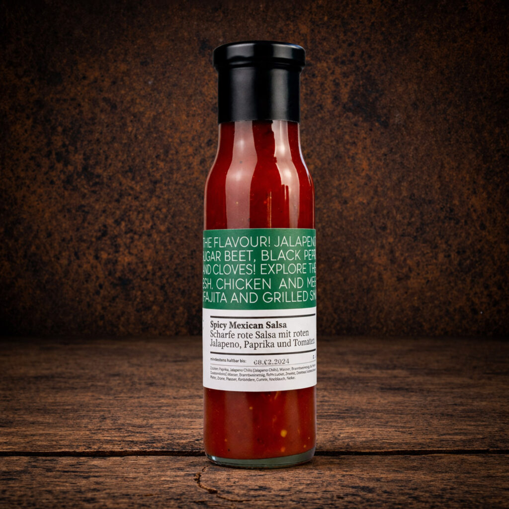 Eine schlanke Glasflasche mit schwarzem Schraubverschluss, gefüllt mit einer roten Sauce. Das Etikett trägt die Bezeichnung „Spicy Mexican Salsa“ sowie den Hinweis „Scharfe rote Salsa mit roten Jalapeño, Paprika und Tomaten“. Die Flasche steht mittig vor einer dunklen, rustikalen Holzoberfläche.