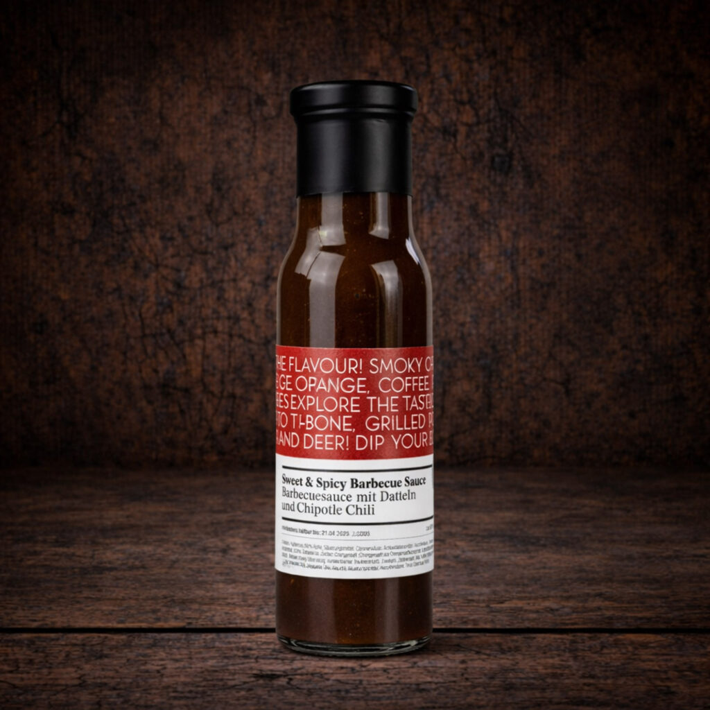 Eine schlanke Glasflasche mit schwarzem Schraubverschluss, gefüllt mit einer dunkelbraunen Sauce. Das Etikett trägt die Bezeichnung „Sweet & Spicy Barbecue Sauce“ sowie den Hinweis „Barbecuesauce mit Datteln und Chipotle Chili“. Die Flasche steht mittig vor einer dunklen, rustikalen Holzoberfläche.