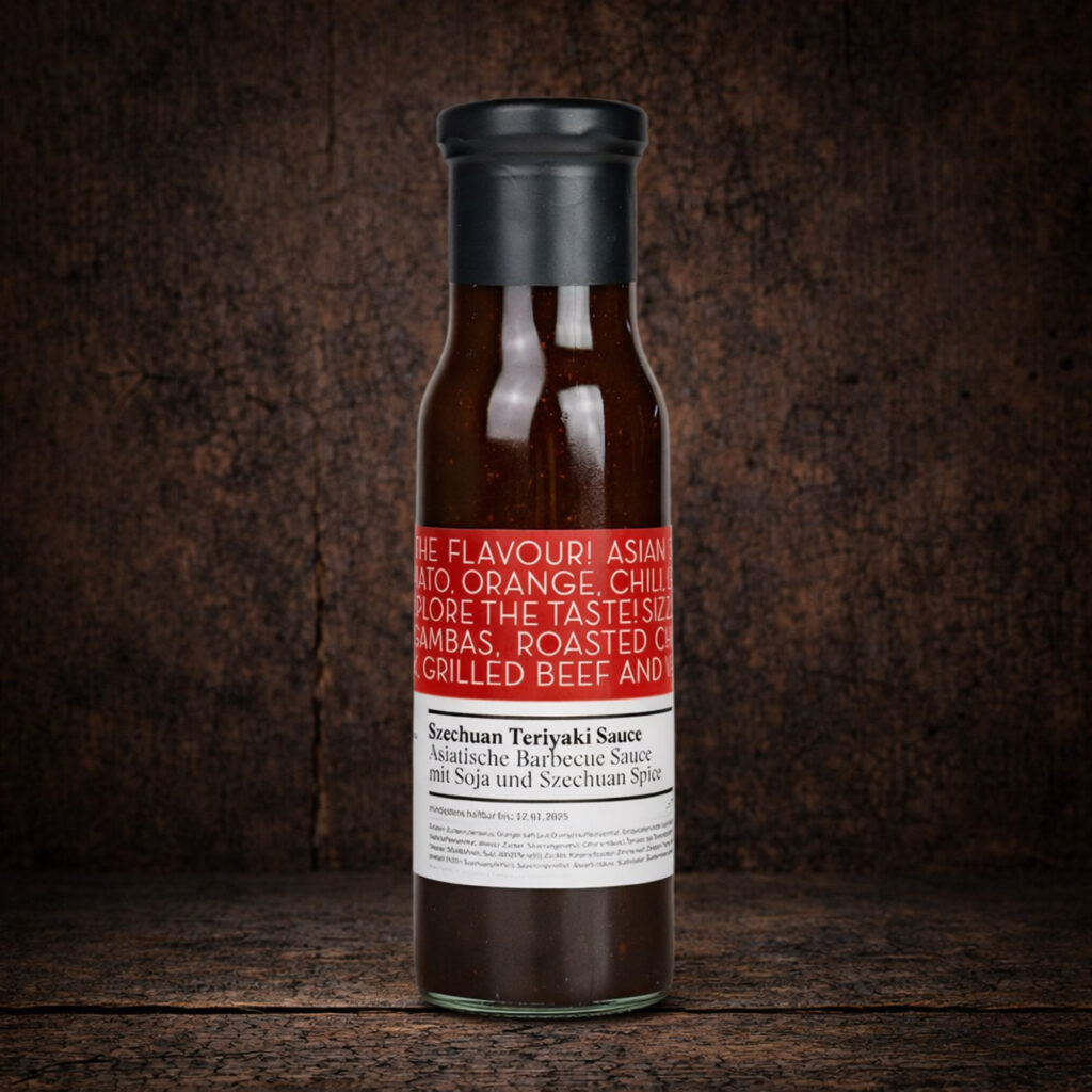 Eine schlanke Glasflasche mit schwarzem Schraubverschluss, gefüllt mit einer dunkelbraunen Sauce. Das Etikett trägt die Bezeichnung „Szechuan Teriyaki Sauce“ sowie den Hinweis „Asiatische Barbecue Sauce mit Soja und Szechuan Spice“. Die Flasche steht mittig vor einer dunklen, rustikalen Holzoberfläche.
