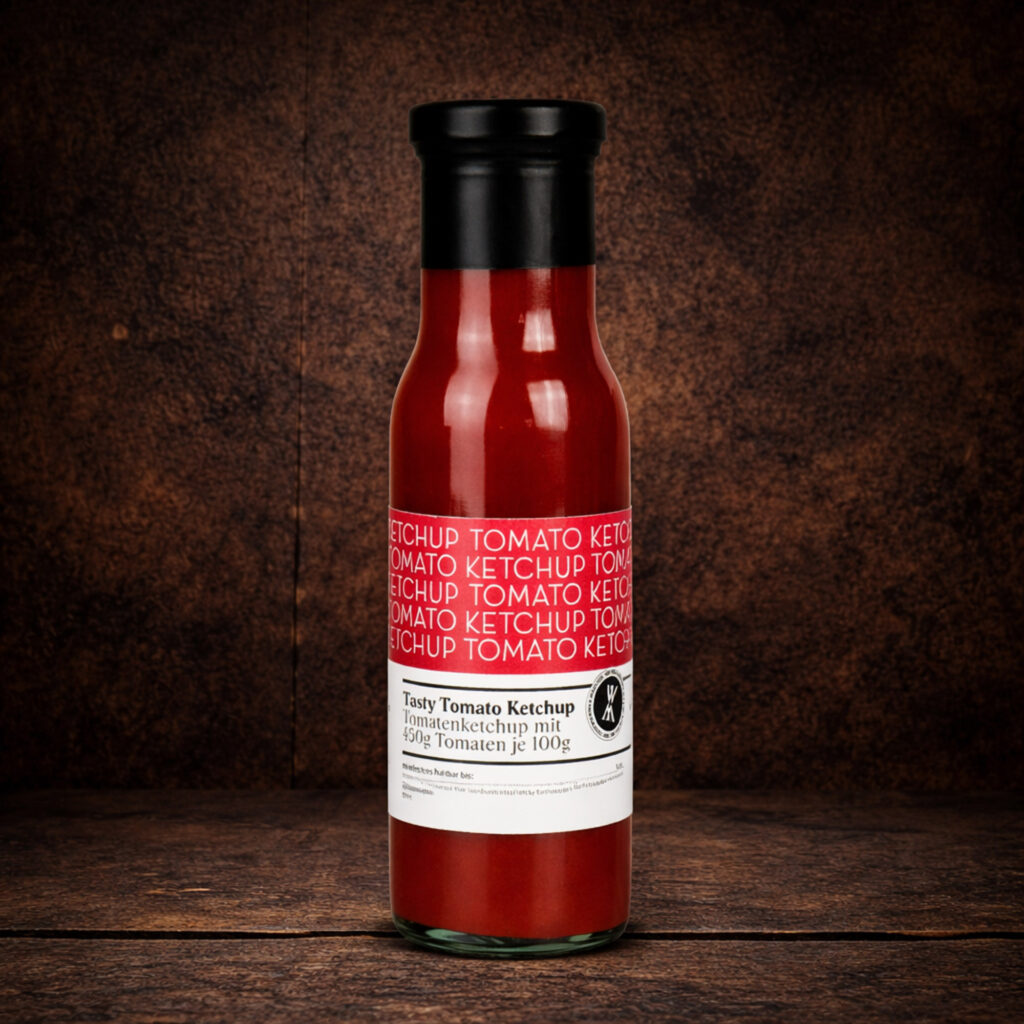 Eine schlanke Glasflasche mit schwarzem Schraubverschluss, gefüllt mit einer kräftig roten Sauce. Das Etikett trägt die Bezeichnung „Tasty Tomato Ketchup“ sowie den Hinweis „Tomatenketchup mit 450 g Tomaten je 100 g“. Die Flasche steht mittig vor einer dunklen, rustikalen Holzoberfläche.