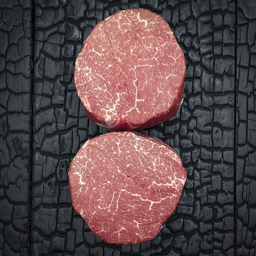 Rohes Filetsteak vom Wagyu-Kreuzungsrind mit feiner Marmorierung, rote Fleischfarbe, einzelnes Stück auf dunkler, verkohlter Holzoberfläche.