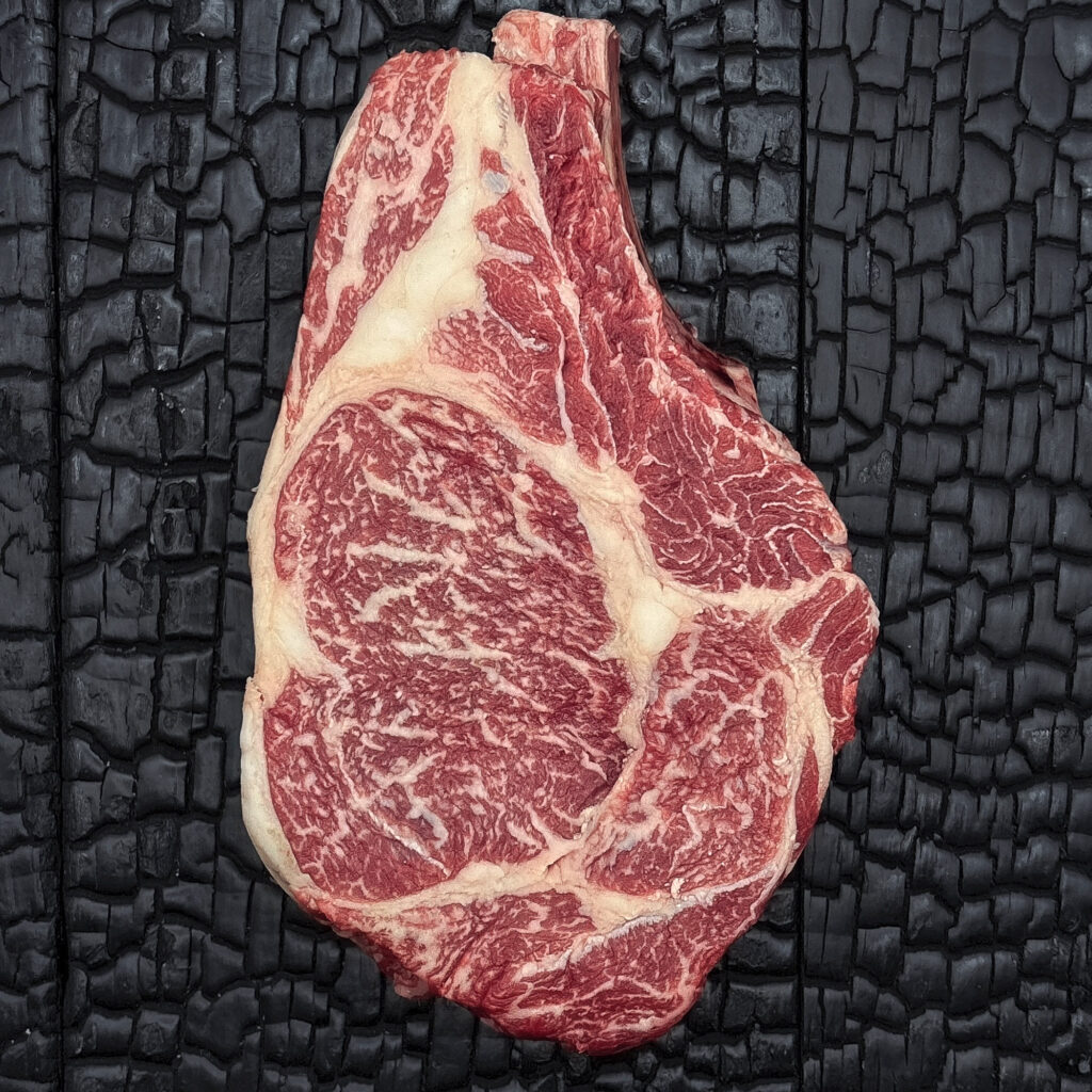Rohes Rib-Eye-Steak mit Knochen vom Wagyu-Kreuzungsrind, ausgeprägte Marmorierung, rote Farbe mit sichtbarem Fettauge und Fettrand, mittig auf dunkler, verkohlter Holzoberfläche.