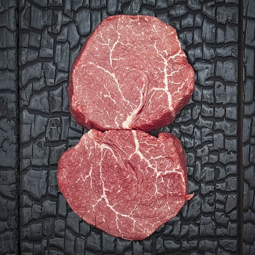 Zwei rohe Rumpfilet-Medaillons vom Wagyu-Kreuzungsrind, gut marmoriert, rote Farbe, übereinander angeordnet auf dunkler, verkohlter Holzoberfläche.