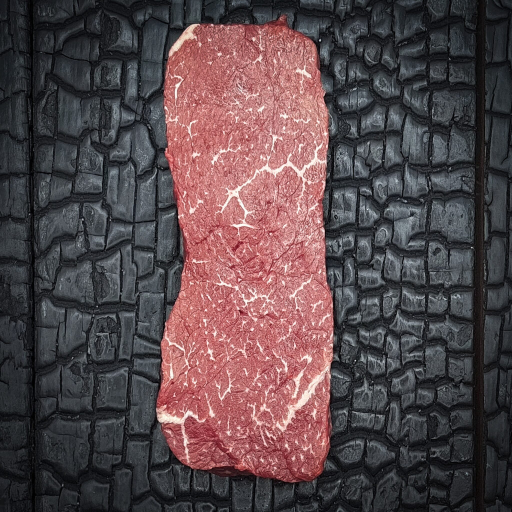 Rohes Sirloin-Steak vom Wagyu-Kreuzungsrind, gute Marmorierung, rote Farbe, längliche Form, mittig auf dunkler, verkohlter Holzoberfläche.