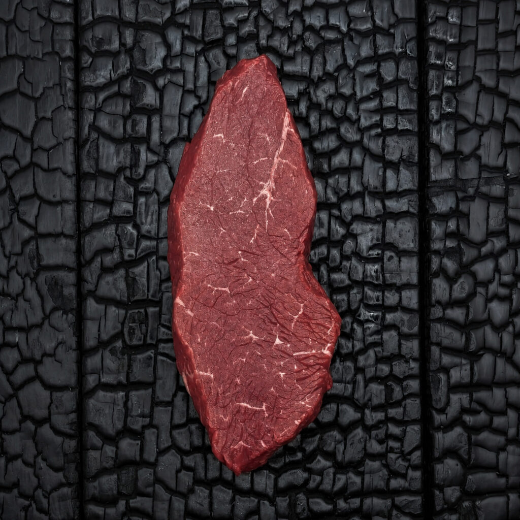 Rohes Sirloin-Steak vom Wagyu-Kreuzungsrind, feine Marmorierung, rote Farbe, längliche Form, mittig auf dunkler, verkohlter Holzoberfläche.