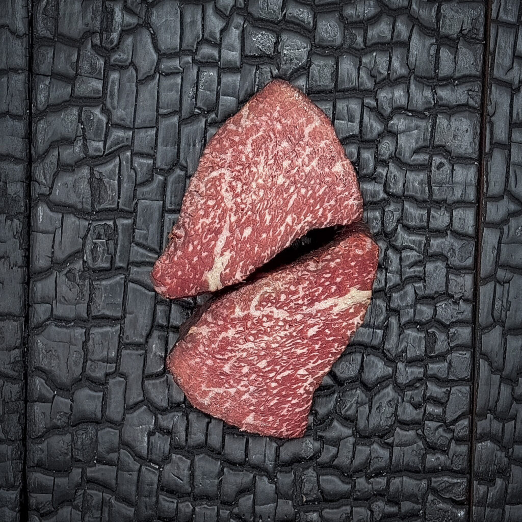 Zwei stark marmorierte Stücke Wagyu Rohschinken liegen versetzt auf einer schwarz verkohlten Holzoberfläche. Die rosaroten Fleischstücke zeigen eine feine, intensive Fettmarmorierung und heben sich deutlich vom dunklen Hintergrund ab. Die reduzierte Draufsicht legt den Fokus auf Fleischstruktur, Reifung und hochwertige Fleischqualität.
