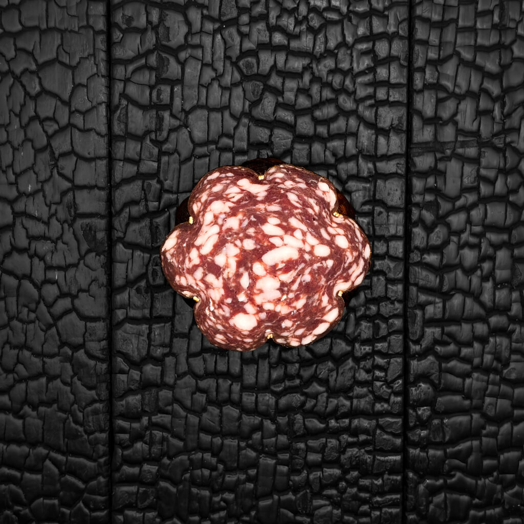 Ein Stück Wildsalami in kompakter Form mit blütenförmigem Äußeren, dunkelroter Fleischfarbe und grob verteilten, unregelmäßigen hellen Fettstückchen, mittig auf einer dunklen, verkohlten Holzoberfläche platziert.